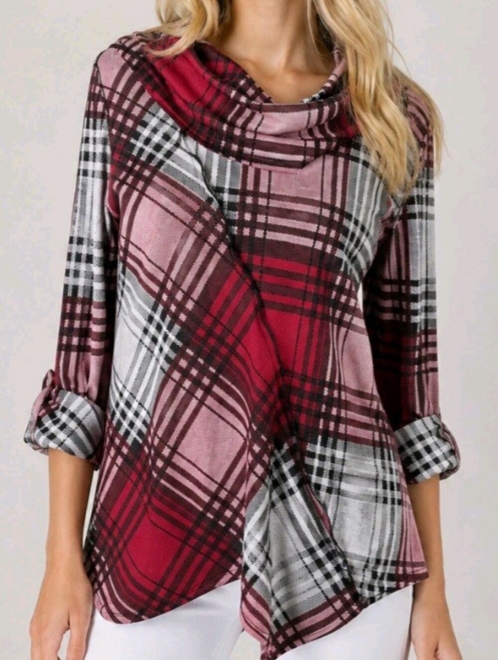 Ali Miles Lagenlook Red  White Plaid Tunic Cowl Neck Asymmetrical Hem Medium Top